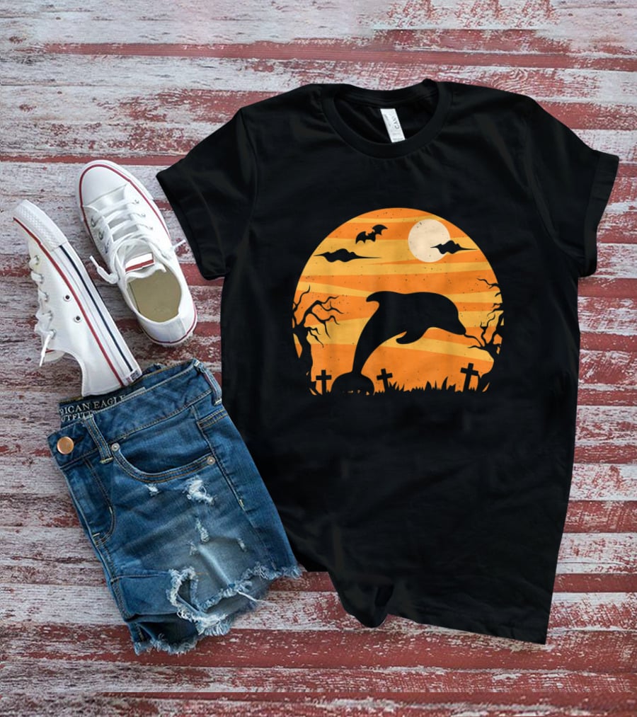 Dolphin Halloween Moon Graveyard Scene With Bats And Trees T-Shirt