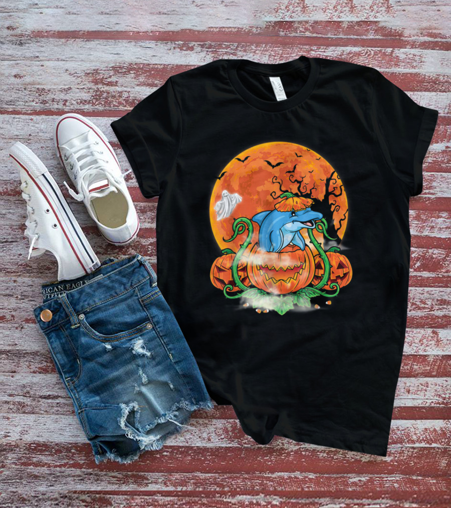 Dolphin Inside Pumpkin With Halloween Moon And Ghost T-Shirt