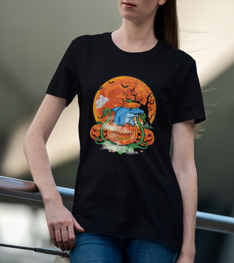 Dolphin Inside Pumpkin With Halloween Moon And Ghost T-Shirt