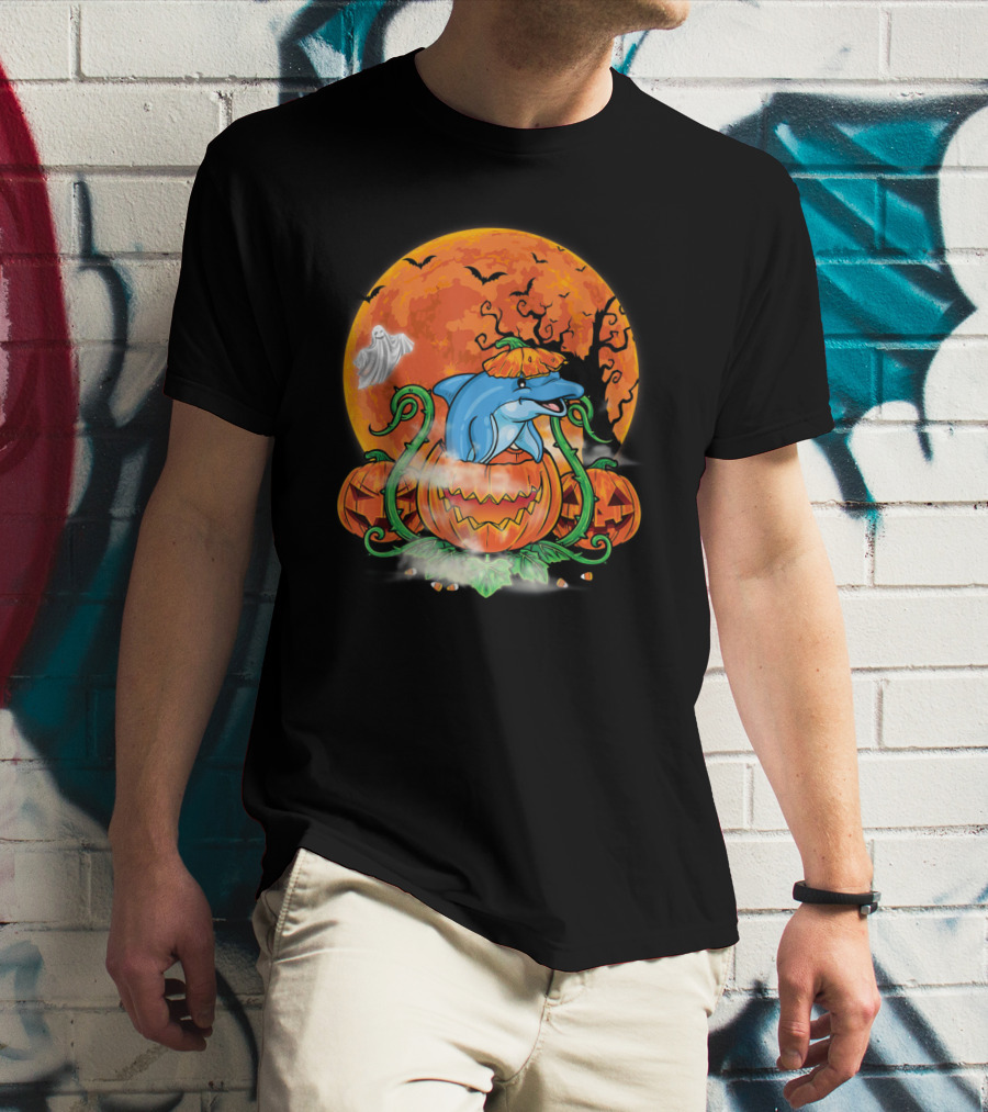 Dolphin Inside Pumpkin With Halloween Moon And Ghost T-Shirt