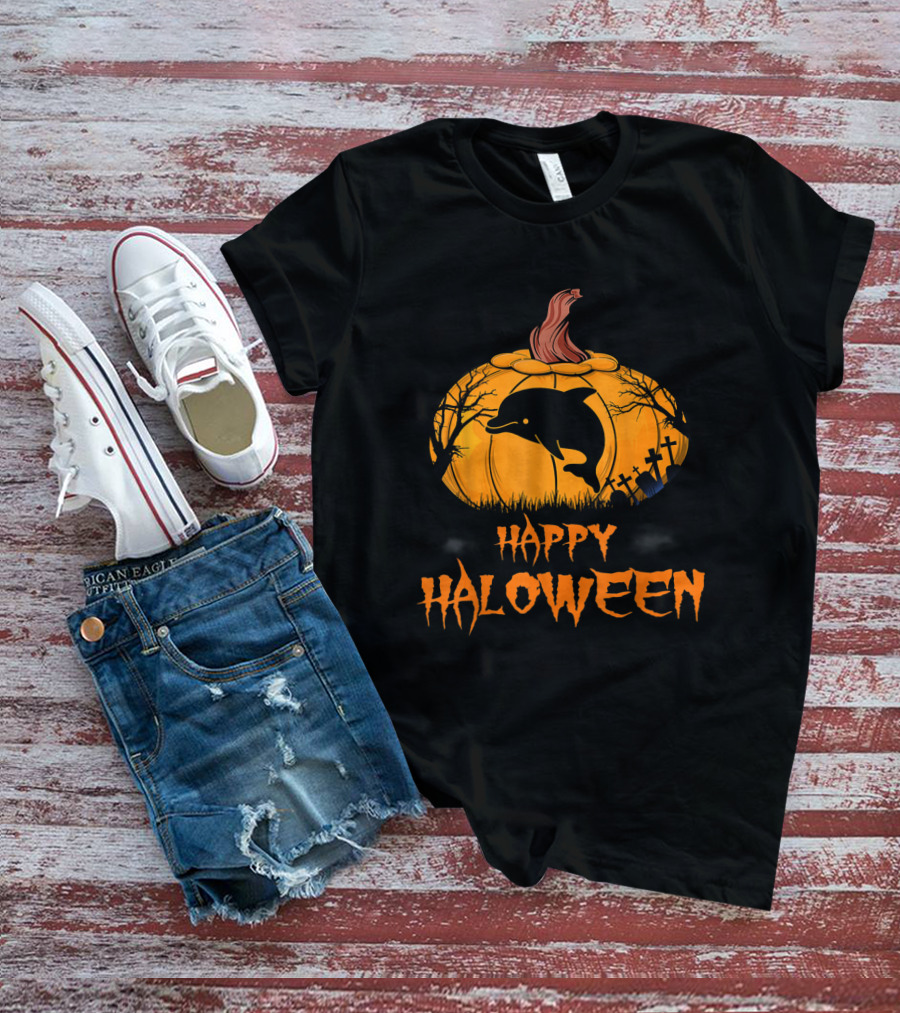 Happy Halloween Dolphin Silhouette In Pumpkin Graveyard Scene T-Shirt