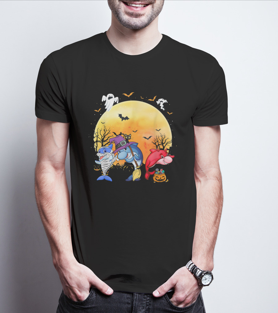 Halloween Dolphins: Mummy, Witch, And Devil With Ghosts And Bats T-Shirt