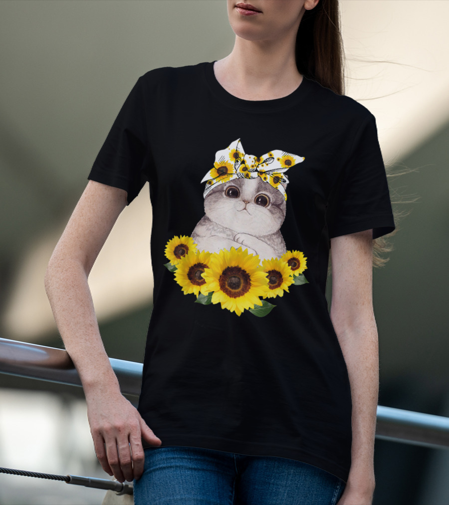 Sunflower Cat Headband Adorable Cats Lovers T-Shirt