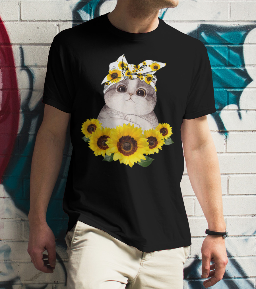 Sunflower Cat Headband Adorable Cats Lovers T-Shirt