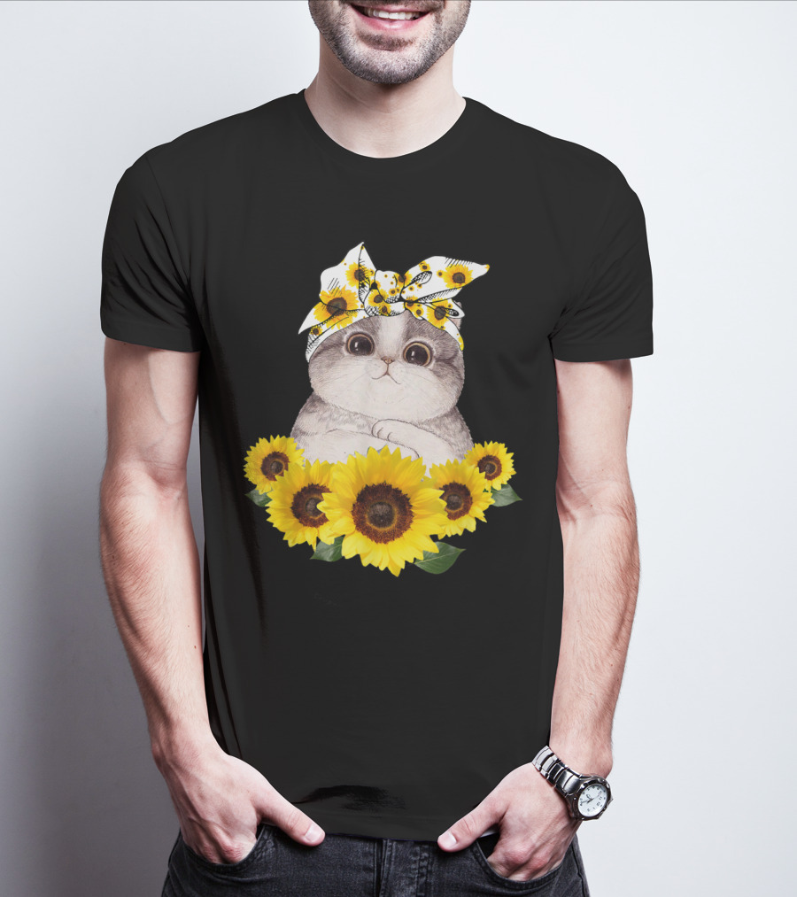 Sunflower Cat Headband Adorable Cats Lovers T-Shirt