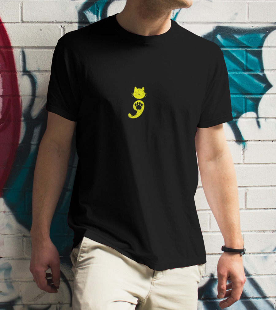 Cat Semicolon Yellow Paw Depression Awareness Cat Lover T-Shirt