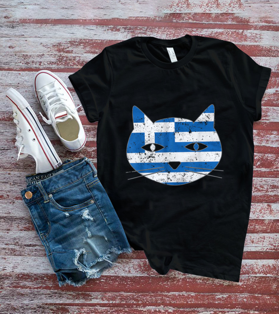 Greek Flag Cat Head Design For Cat Lovers T-Shirt