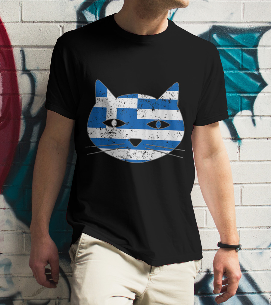 Greek Flag Cat Head Design For Cat Lovers T-Shirt