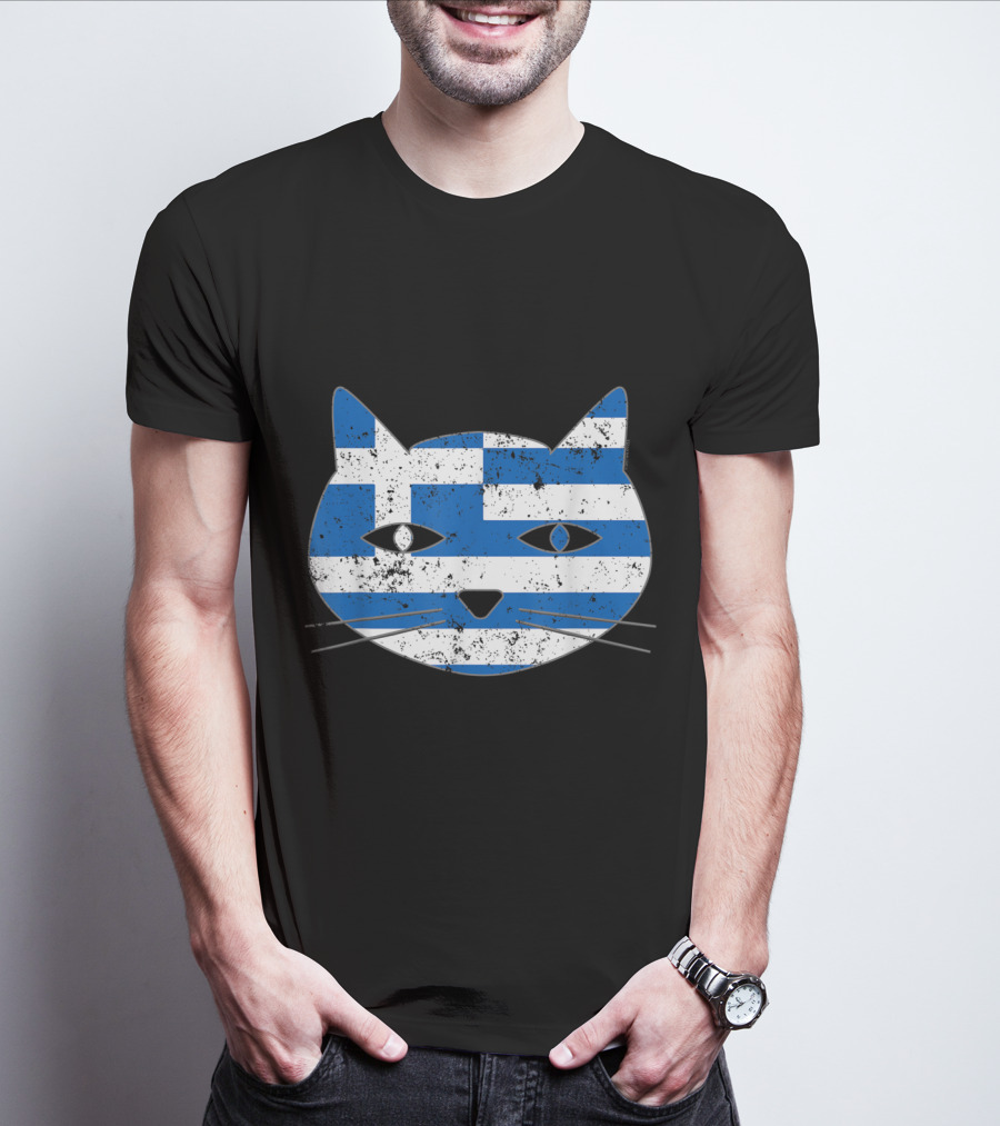 Greek Flag Cat Head Design For Cat Lovers T-Shirt