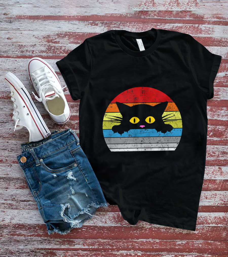 Vintage Rainbow Cat Peeking Retro 80s Style For Cat Lovers T-Shirt