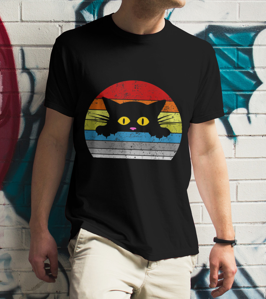Vintage Rainbow Cat Peeking Retro 80s Style For Cat Lovers T-Shirt