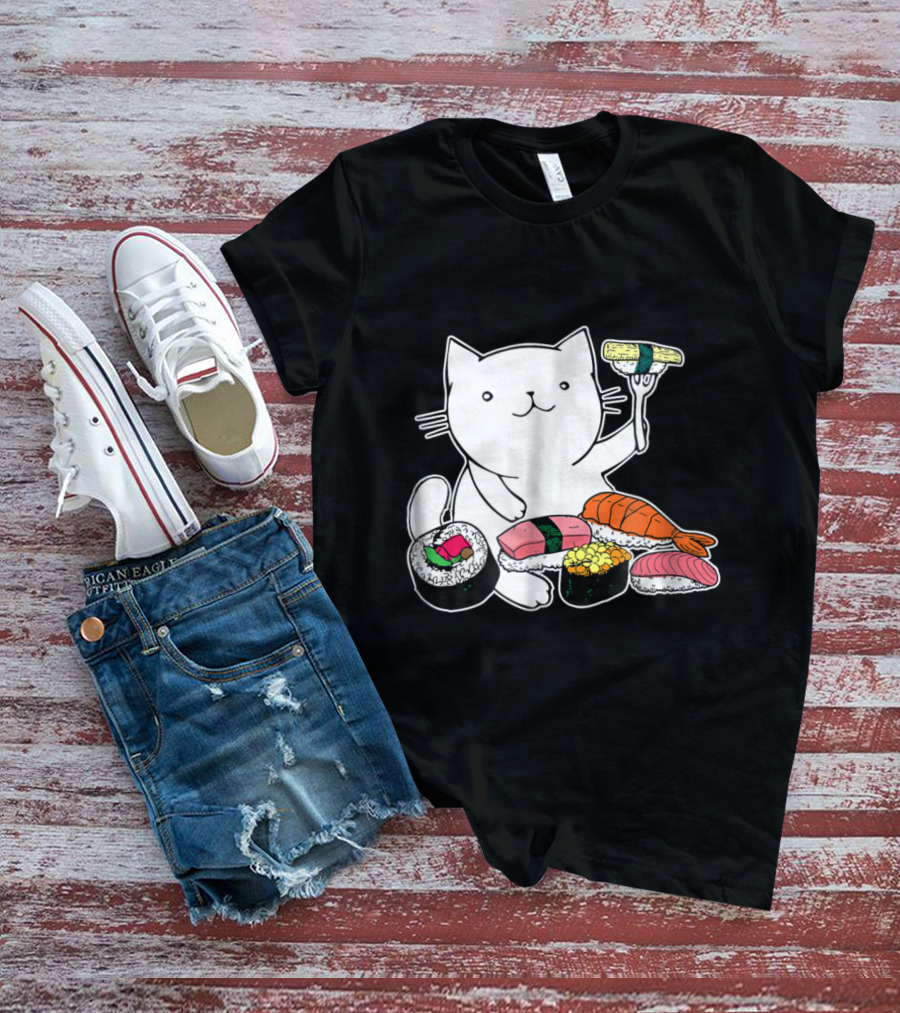 Playful Cat Enjoying Colorful Sushi Plate T-Shirt