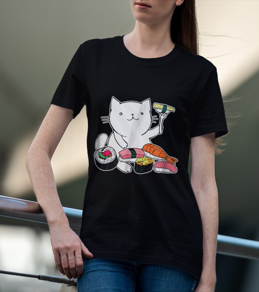 Playful Cat Enjoying Colorful Sushi Plate T-Shirt
