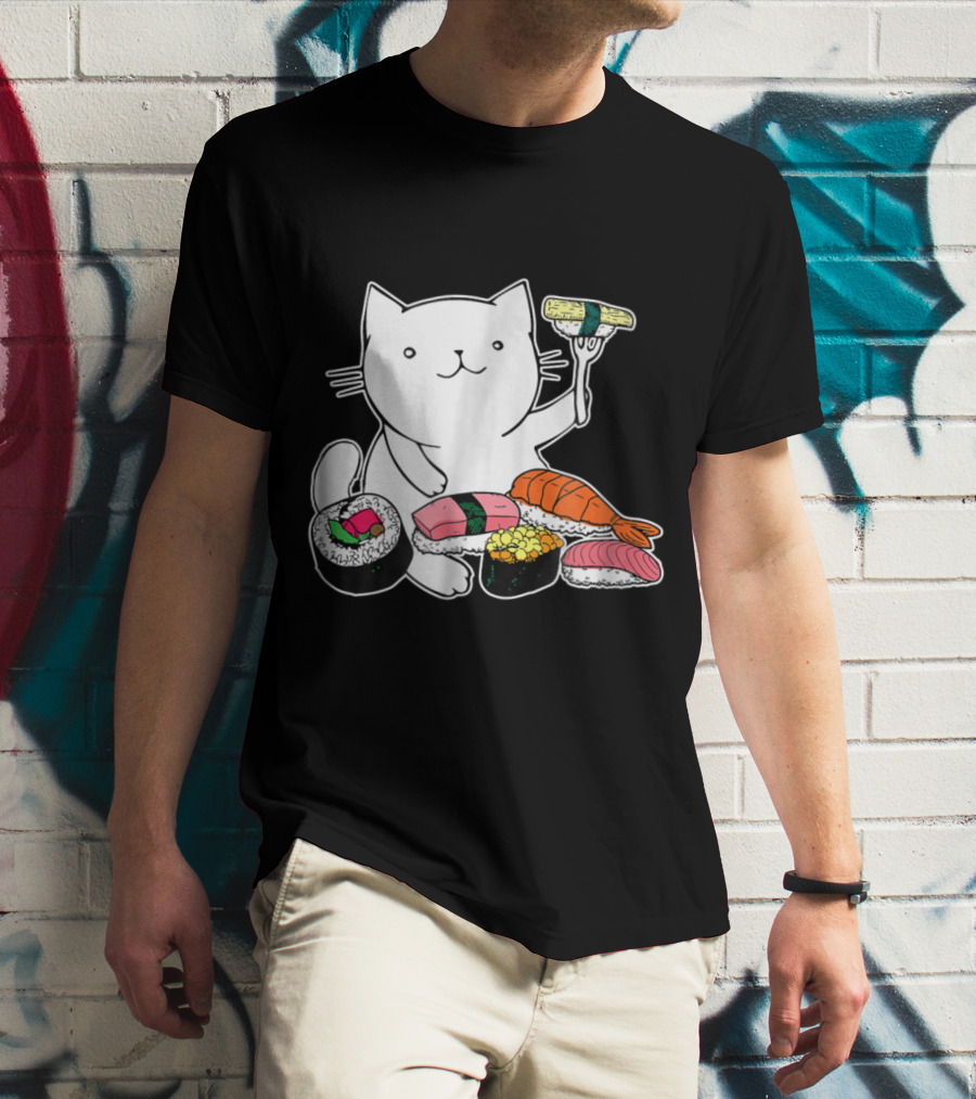 Playful Cat Enjoying Colorful Sushi Plate T-Shirt
