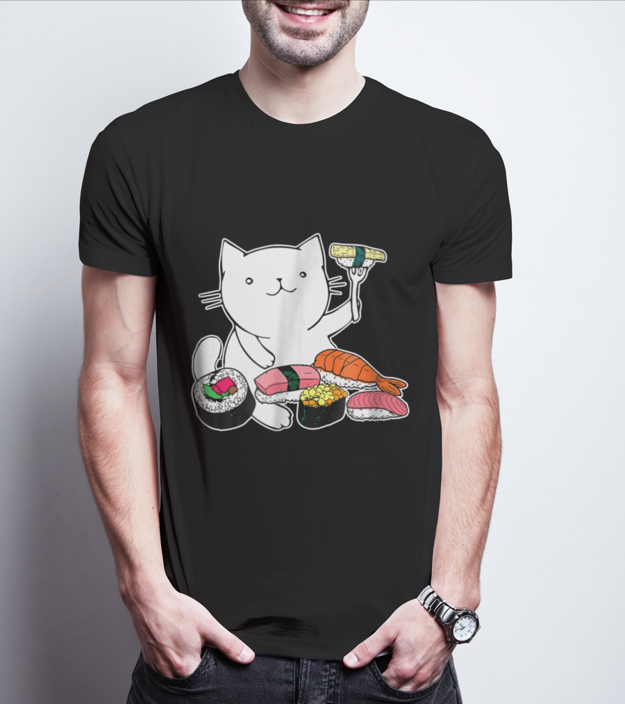 Playful Cat Enjoying Colorful Sushi Plate T-Shirt