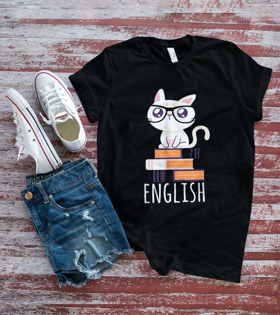 Funny Cat English Teacher Nerd Book Lover Librarian With Glasses And Books T-Shirt
