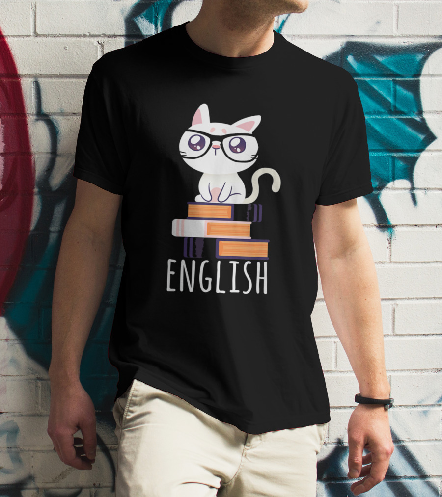 Funny Cat English Teacher Nerd Book Lover Librarian With Glasses And Books T-Shirt