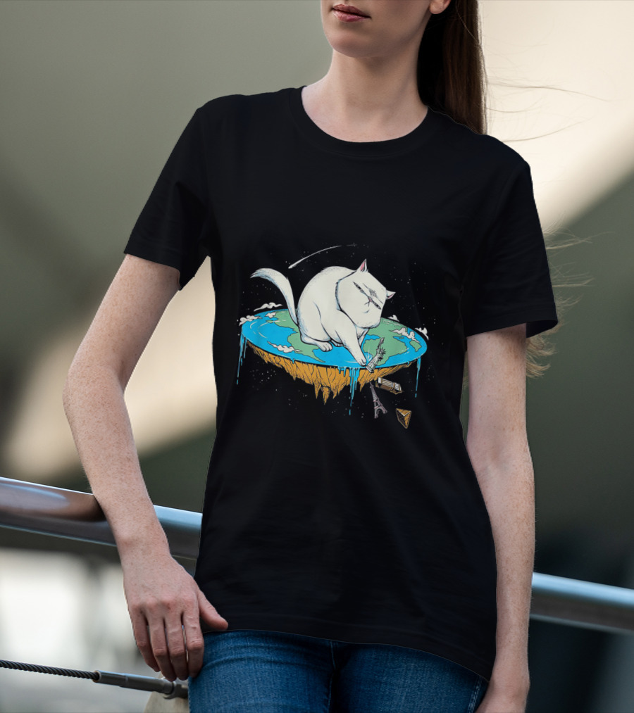 Cat Pawing Flat Earth With Iconic Landmarks For Humorous Cat Lovers T-Shirt