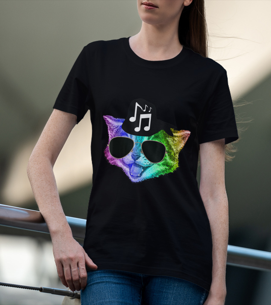 Colorful Rainbow DJ Music Kitty With Sunglasses And Hat For Feline Cat Lovers T-Shirt