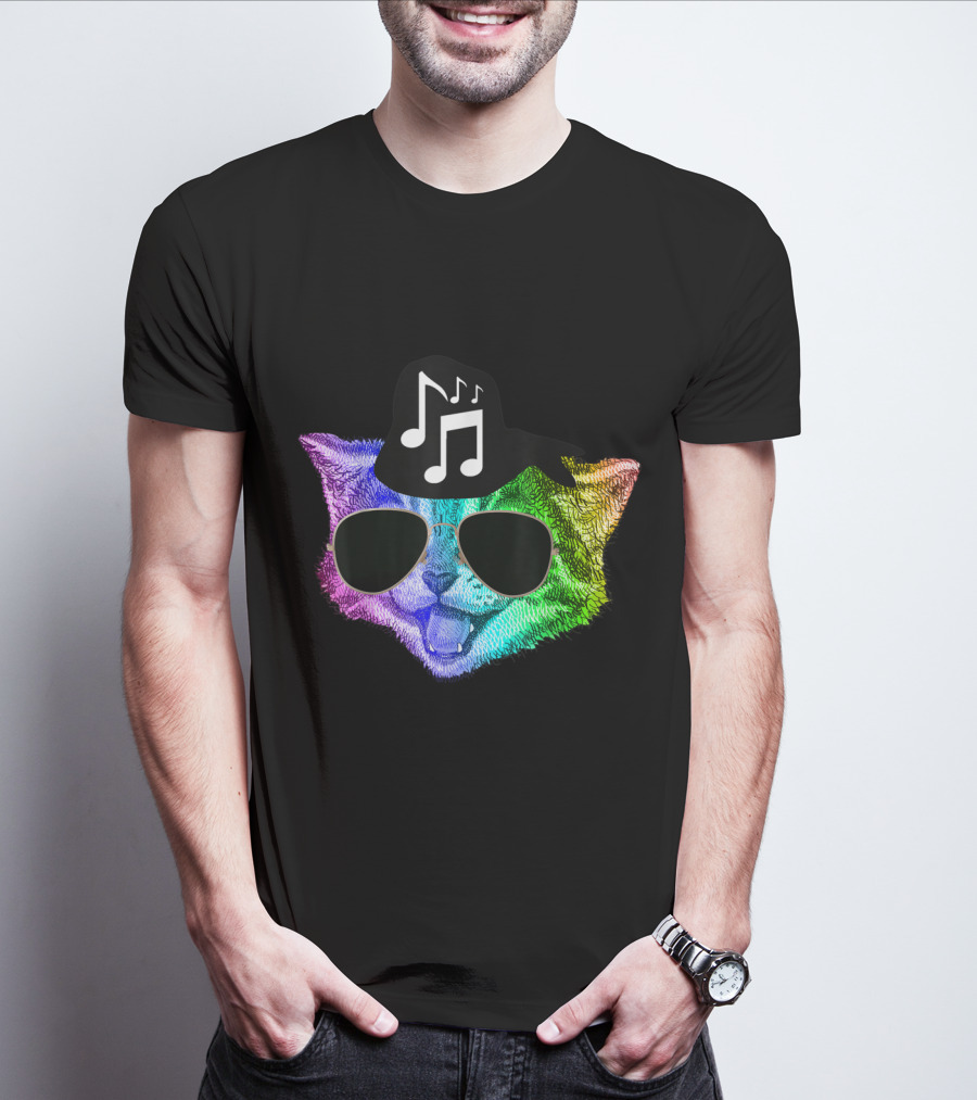 Colorful Rainbow DJ Music Kitty With Sunglasses And Hat For Feline Cat Lovers T-Shirt