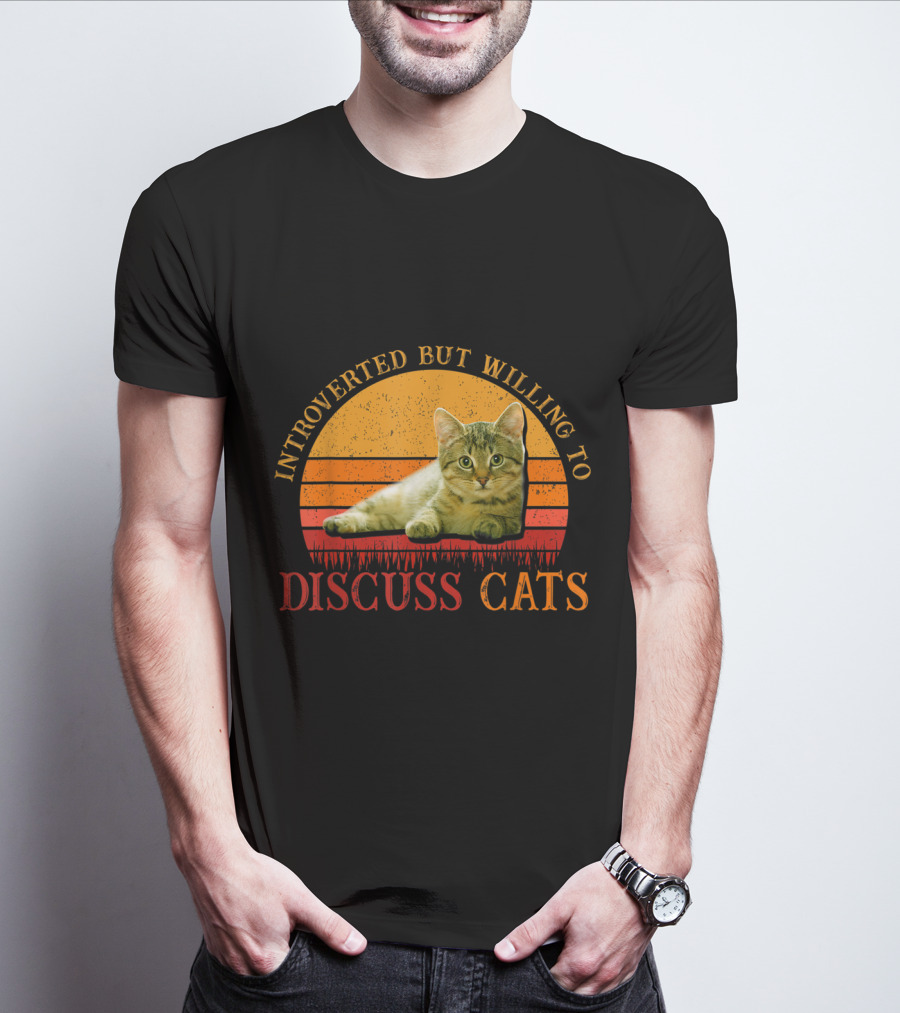 Introverted But Willing To Discuss Cats With Vintage Sunset Cat T-Shirt