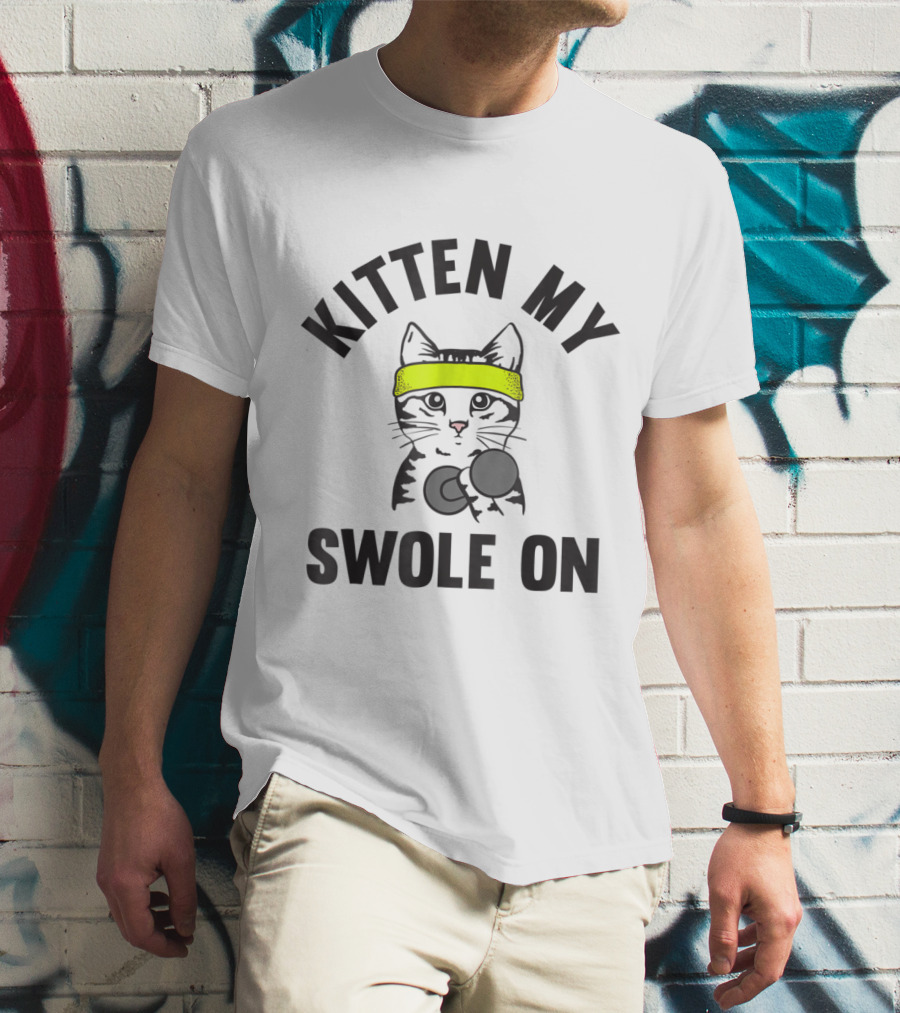 Kitten My Swole On Funny Cat Lover Gym Workout With Dumbbell And Neon Headband T-Shirt