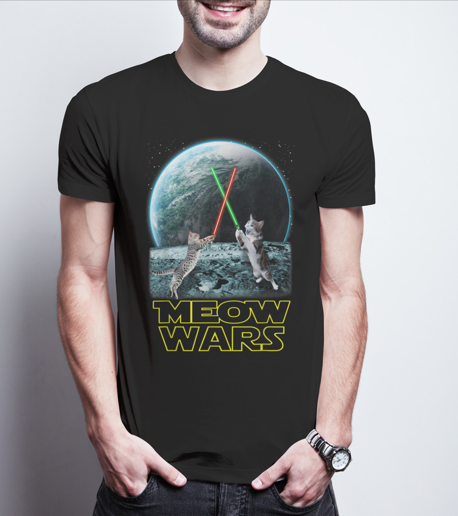 Meow Wars Funny Cats Lovers Galactic Duel With Light Sabers T-Shirt