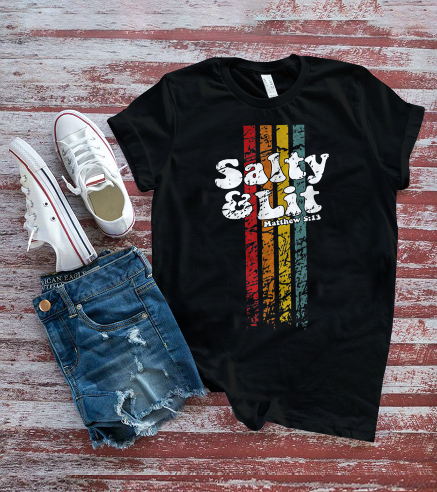Salty And Lit Matthew 5:13 Funny Christian Retro Stripes T-Shirt