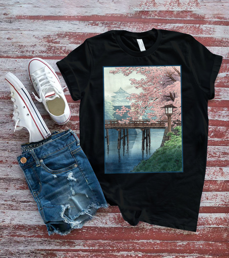 Japanese Cherry Blossom Woodblock Bridge And Pagoda Scene T-Shirt
