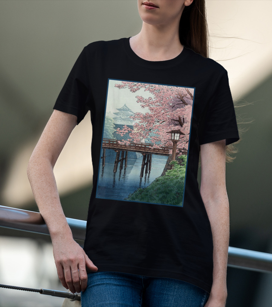 Japanese Cherry Blossom Woodblock Bridge And Pagoda Scene T-Shirt