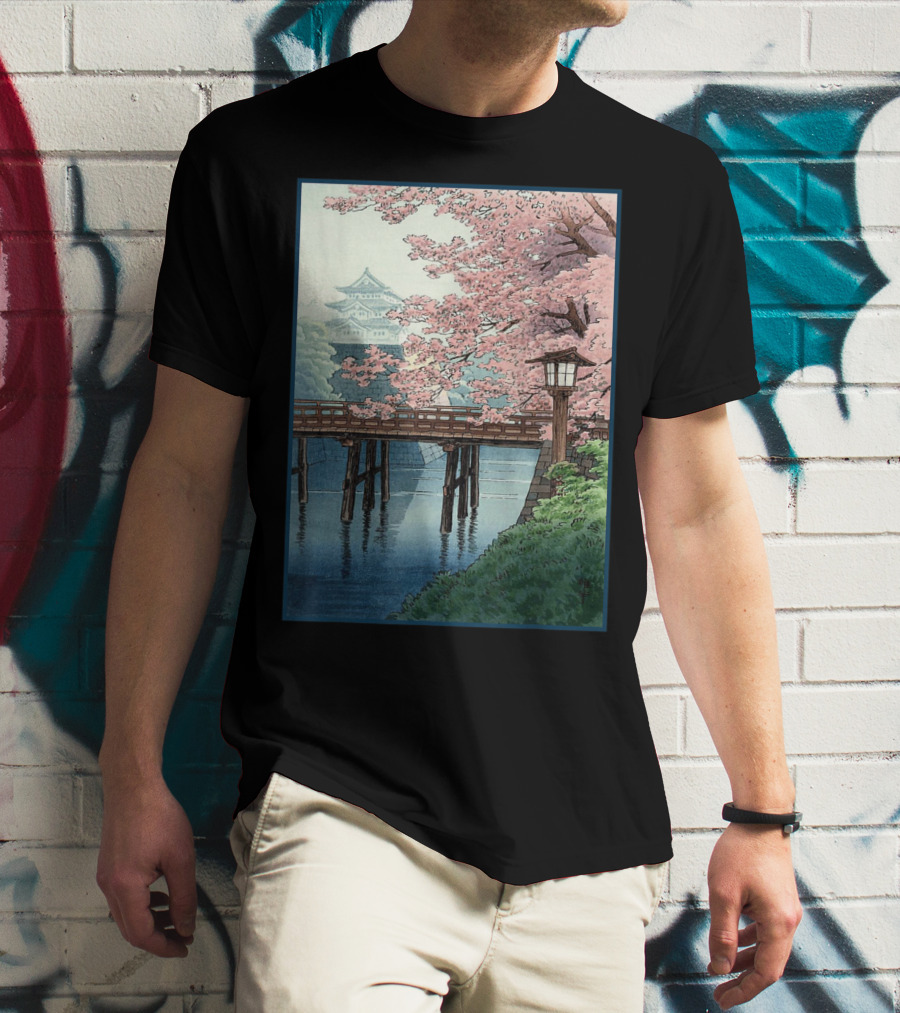 Japanese Cherry Blossom Woodblock Bridge And Pagoda Scene T-Shirt