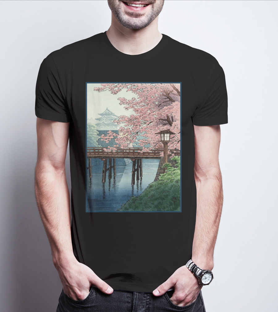 Japanese Cherry Blossom Woodblock Bridge And Pagoda Scene T-Shirt