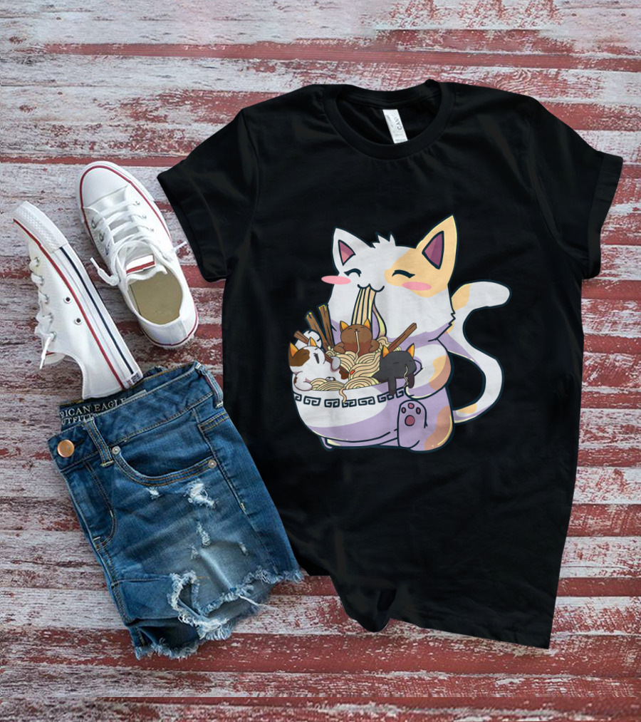 Kawaii Neko Cat With Ramen Bowl Anime Japanese Noodles And Chopsticks T-Shirt