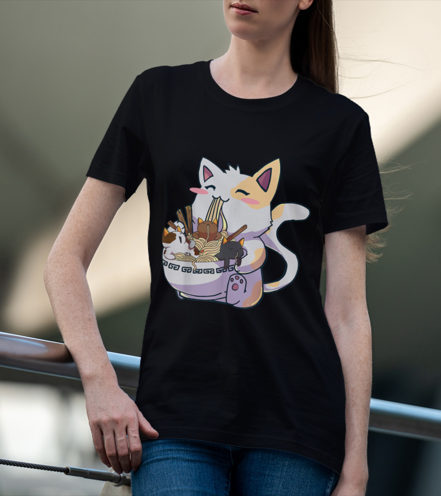Kawaii Neko Cat With Ramen Bowl Anime Japanese Noodles And Chopsticks T-Shirt