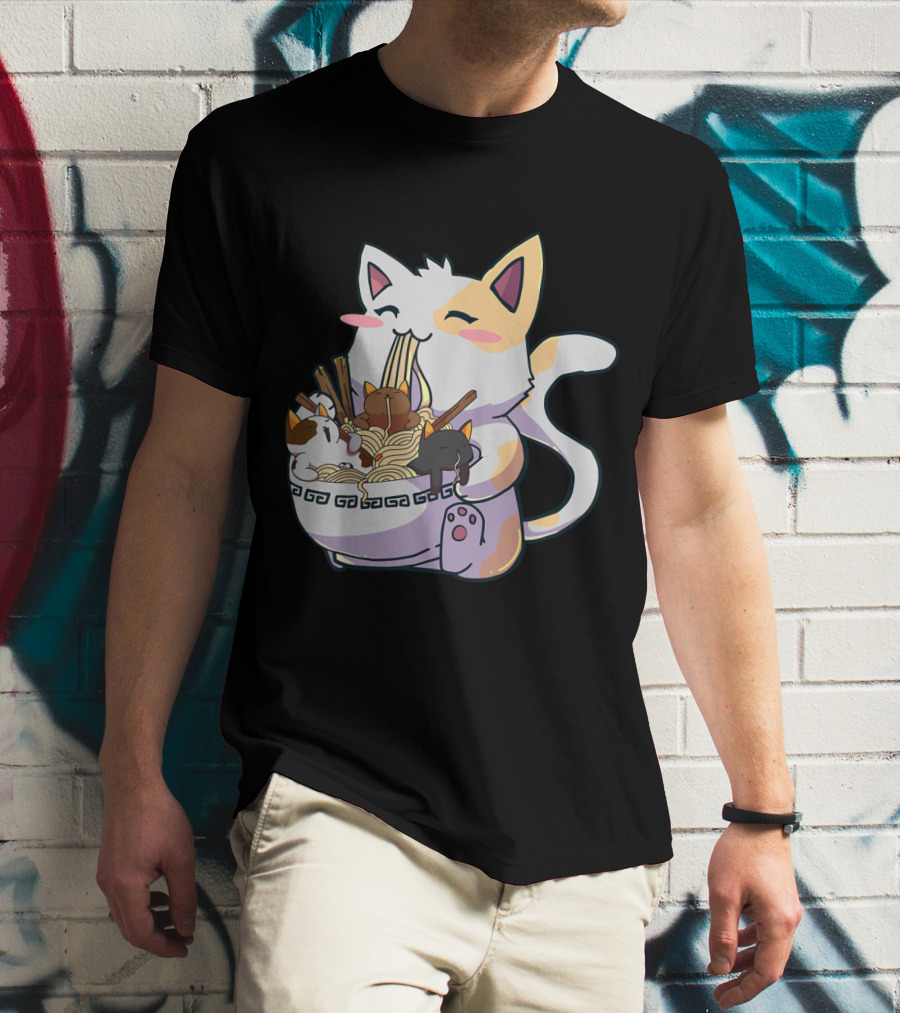 Kawaii Neko Cat With Ramen Bowl Anime Japanese Noodles And Chopsticks T-Shirt