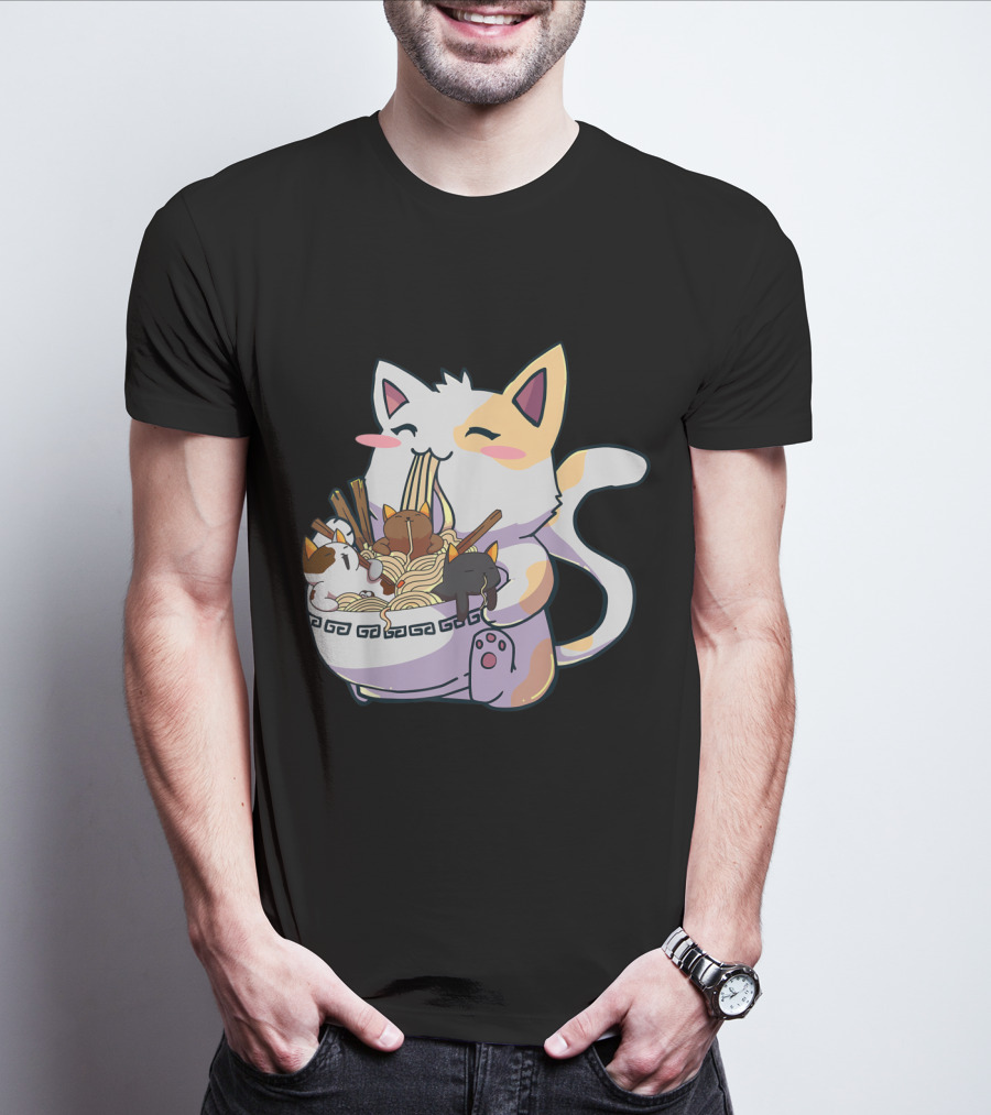 Kawaii Neko Cat With Ramen Bowl Anime Japanese Noodles And Chopsticks T-Shirt