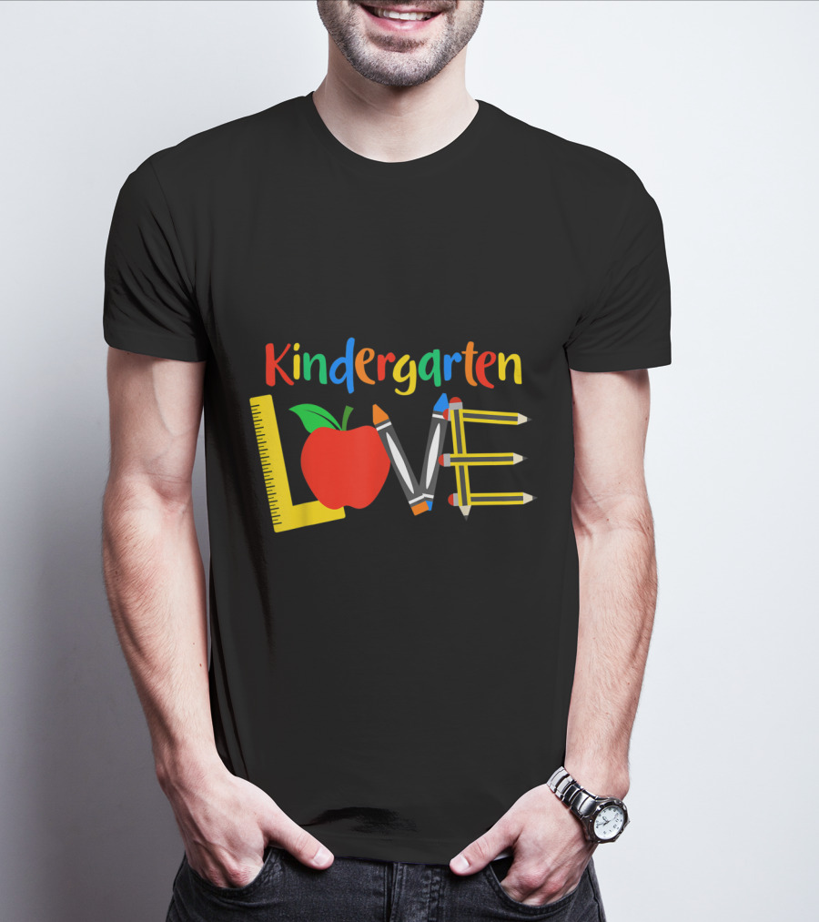 Kindergarten Love Apple Ruler Crayons Pencils T-Shirt