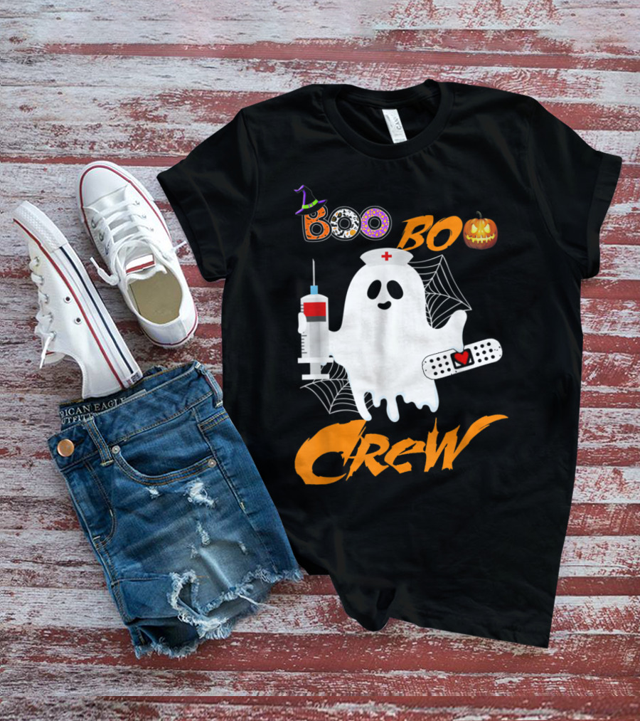 Boo Boo Crew Nurse Ghost Funny Halloween Costume With Syringe And Spider Webs T-Shirt