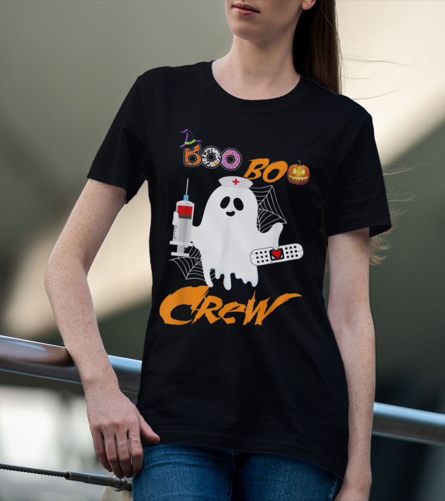 Boo Boo Crew Nurse Ghost Funny Halloween Costume With Syringe And Spider Webs T-Shirt