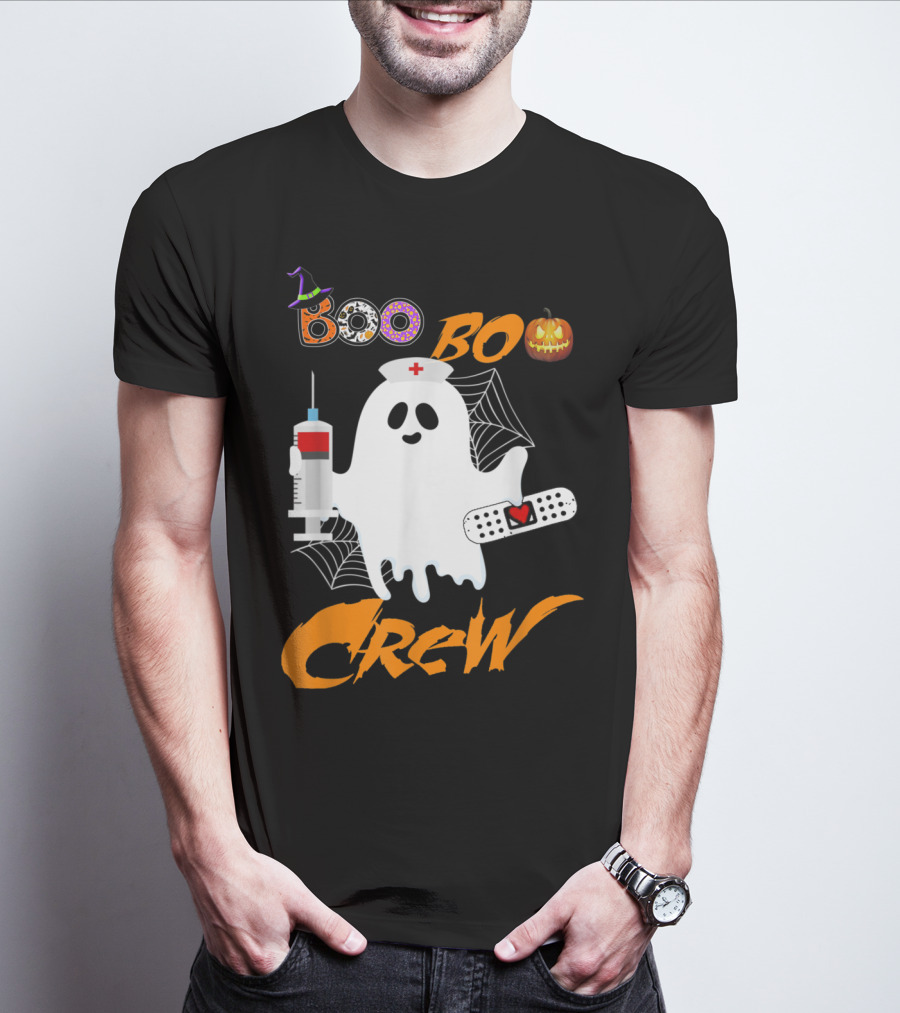 Boo Boo Crew Nurse Ghost Funny Halloween Costume With Syringe And Spider Webs T-Shirt