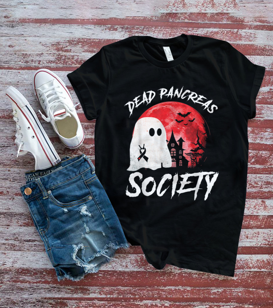 Dead Pancreas Society Halloween Ghost With Diabetes Awareness Ghostly Castle And Blood Moon T-Shirt