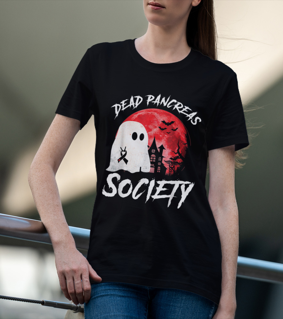 Dead Pancreas Society Halloween Ghost With Diabetes Awareness Ghostly Castle And Blood Moon T-Shirt