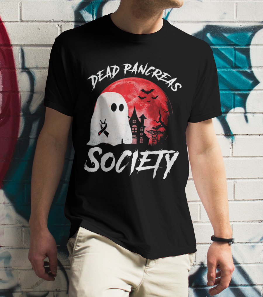Dead Pancreas Society Halloween Ghost With Diabetes Awareness Ghostly Castle And Blood Moon T-Shirt