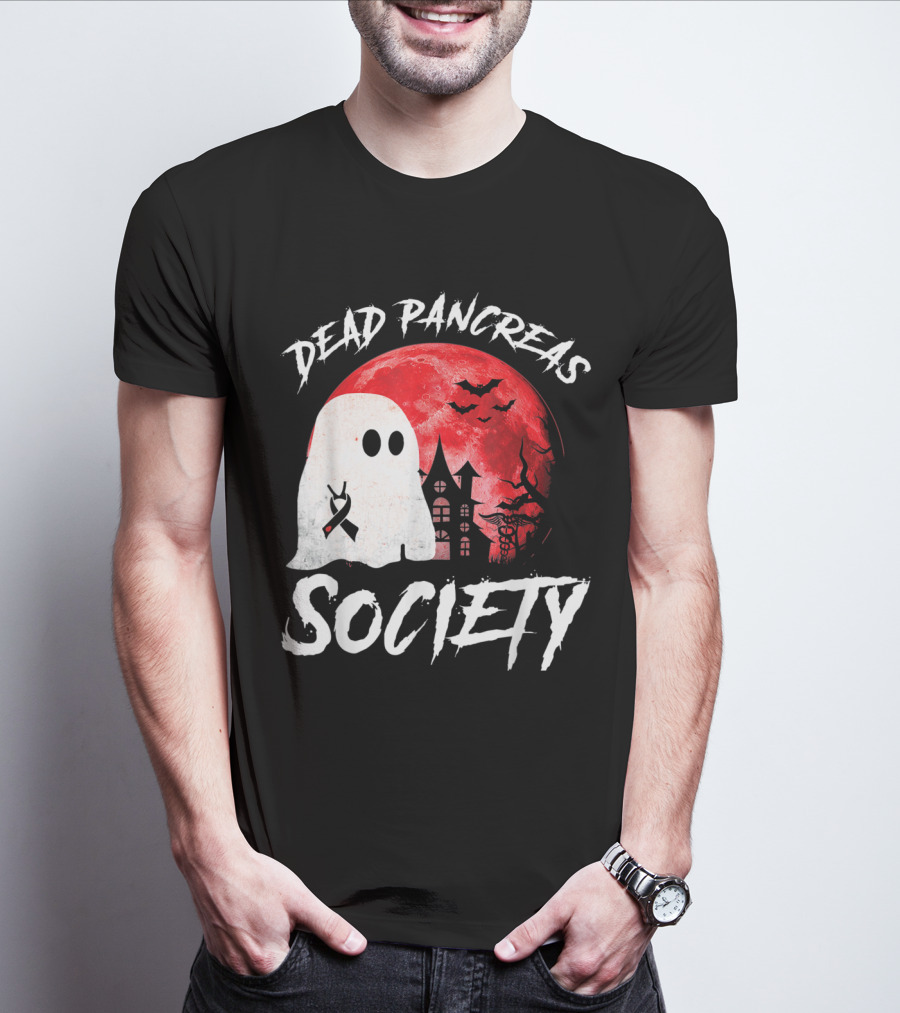 Dead Pancreas Society Halloween Ghost With Diabetes Awareness Ghostly Castle And Blood Moon T-Shirt