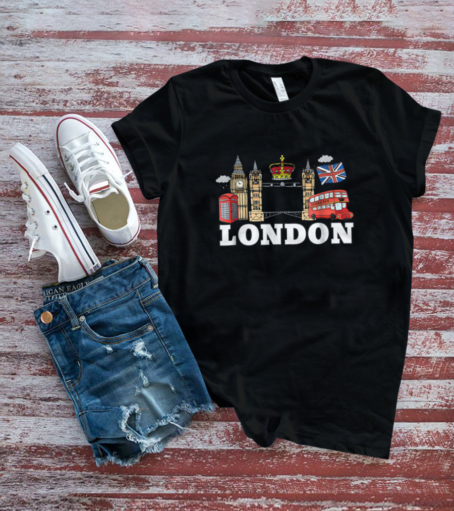 London Big Ben Tower Bridge British Icons Union Jack Double Decker Bus T-Shirt