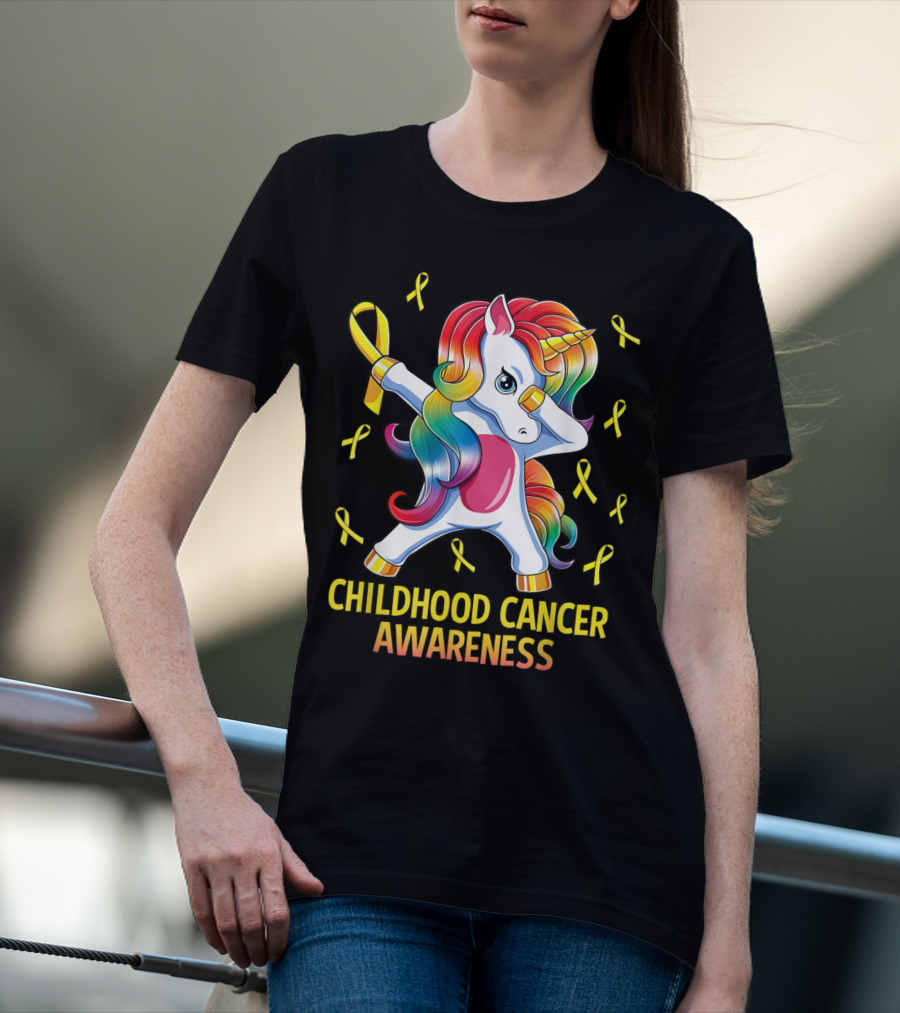 Dabbing Unicorn Childhood Cancer Awareness Ribbons T-Shirt