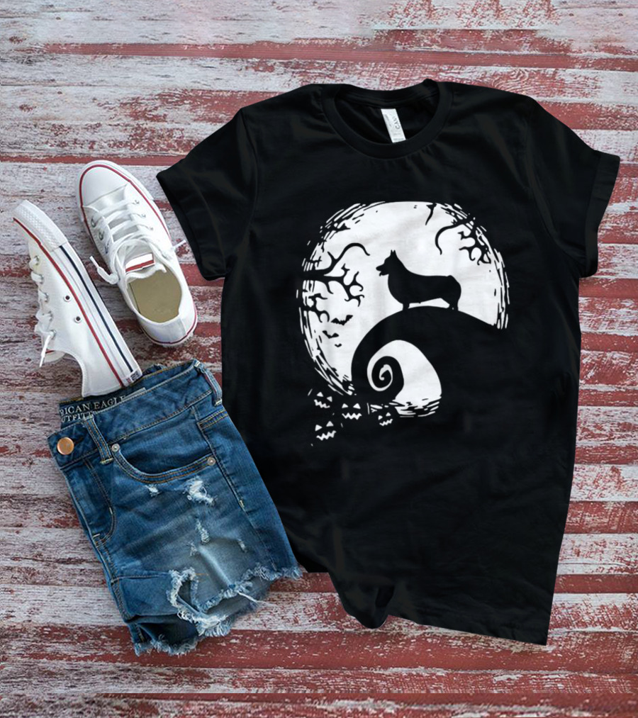 Cardigan Welsh Corgi Howling On Spiraled Hill Under Full Moon With Creepy Trees And Bats T-Shirt