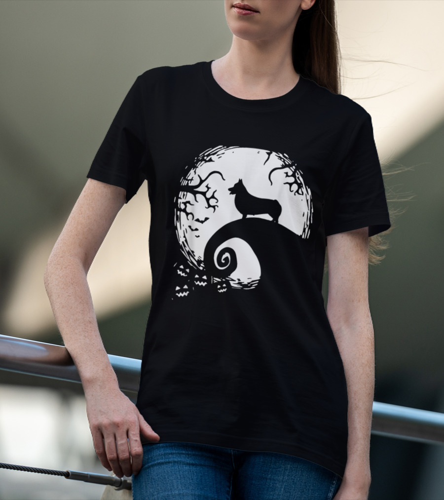 Cardigan Welsh Corgi Howling On Spiraled Hill Under Full Moon With Creepy Trees And Bats T-Shirt