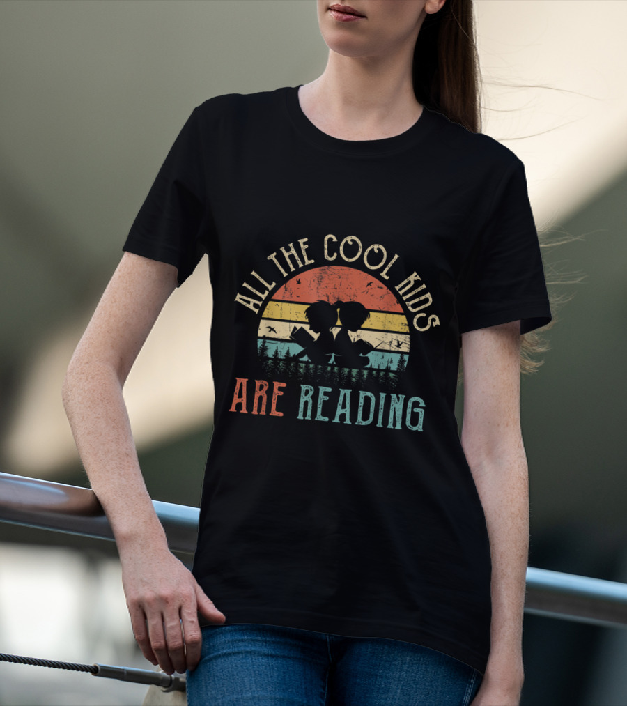 All The Cool Kids Are Reading Vintage Retro Sunset With Silhouette Forest And Children Holding Books T-Shirt