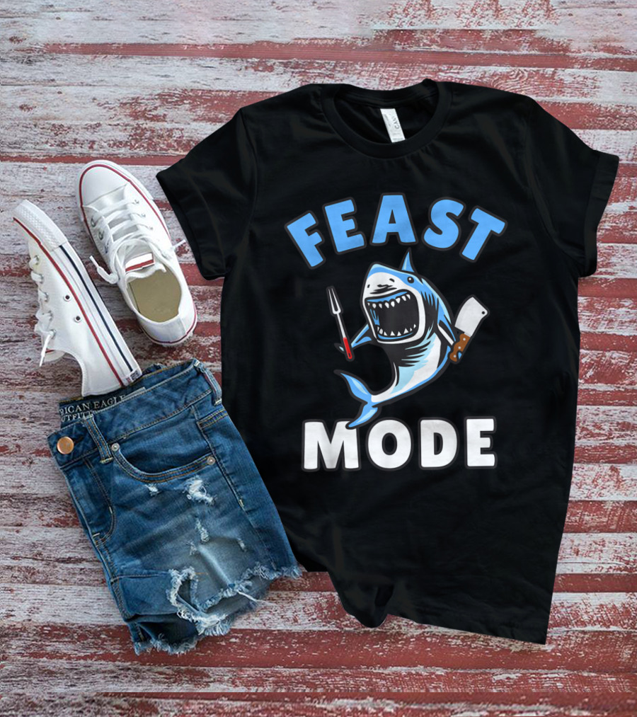 Feast Mode Great White Shark Cartoon Thanksgiving Kids T-Shirt